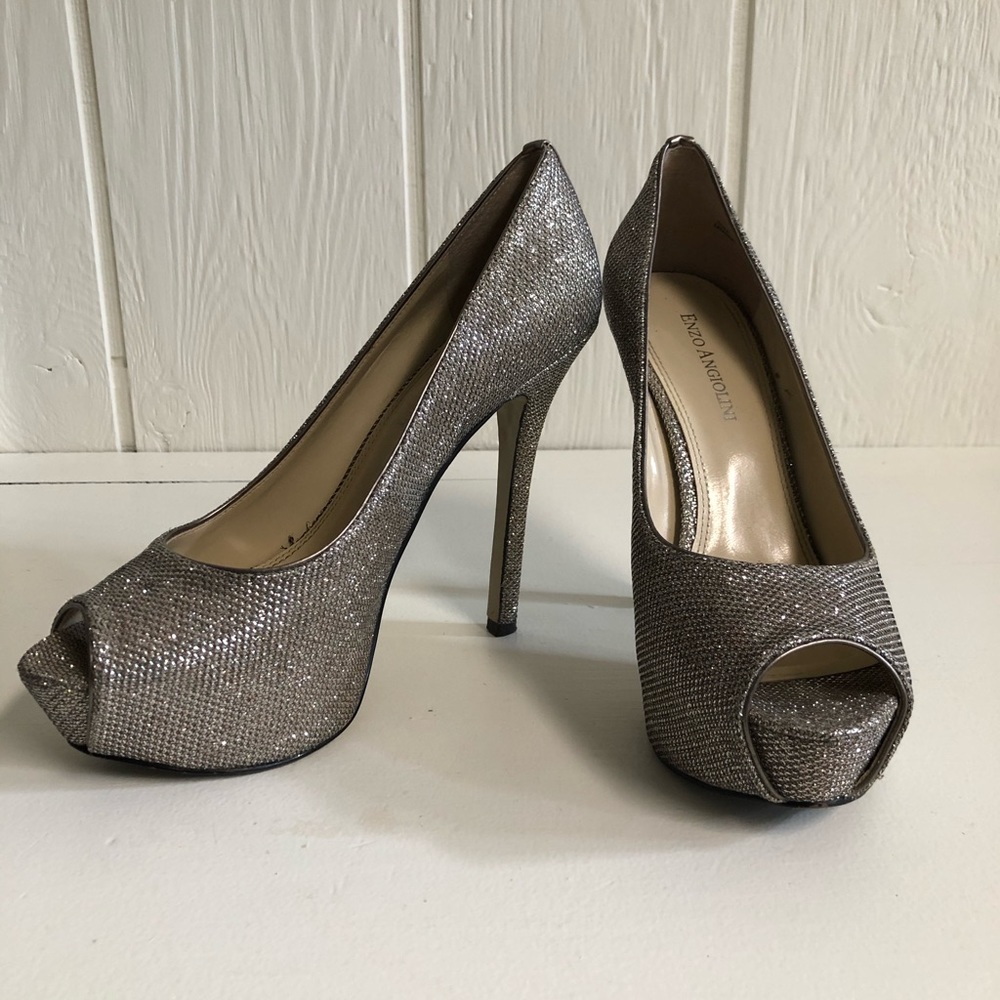 Enzo Angiolini Tanen Silver Peep Toe Heels